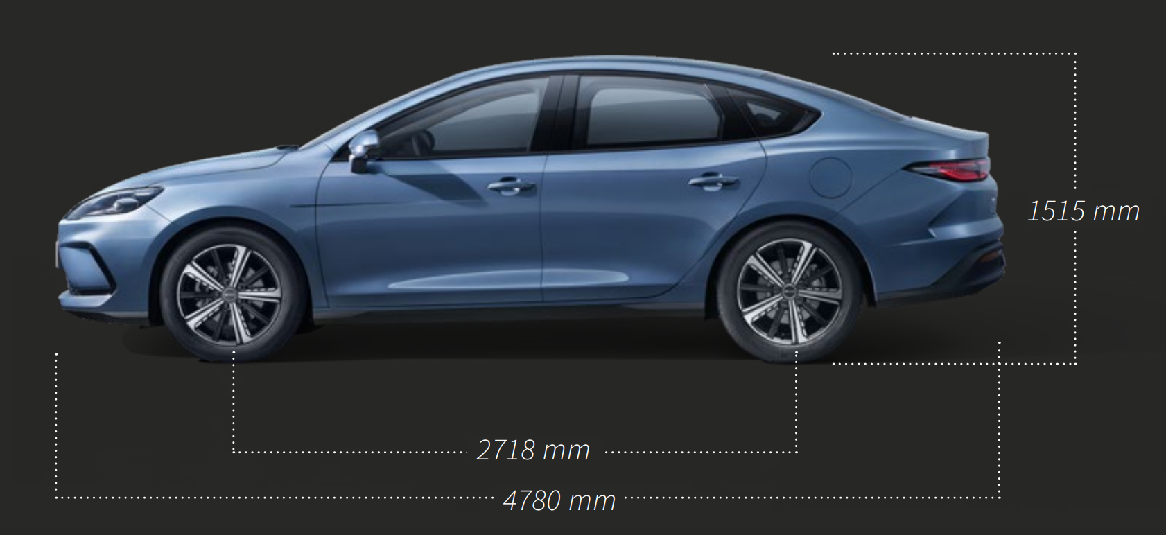 Boční profil modrého sedanu BYD Seal 5 DM-i s vyznačenými rozměry: celková délka 4780 mm, rozvor 2718 mm a výška 1515 mm
